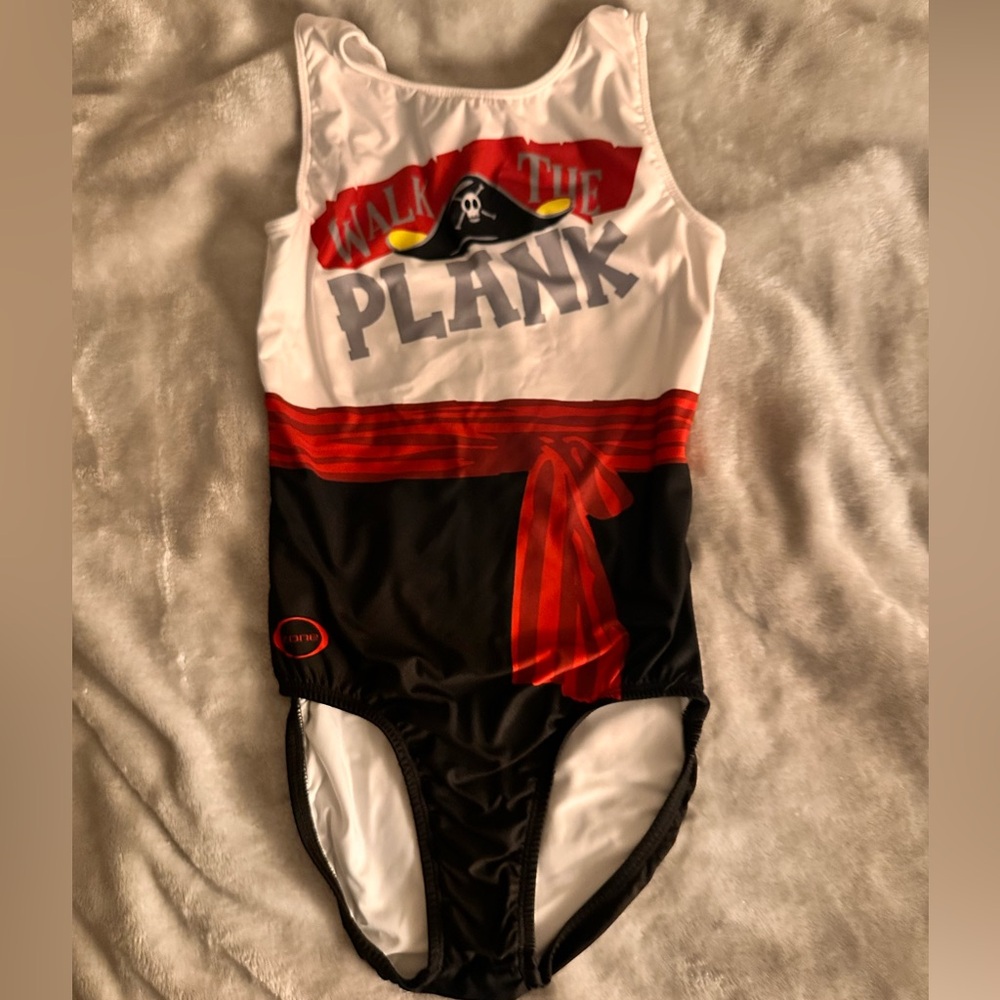 Red, white and black gymnastics leotard